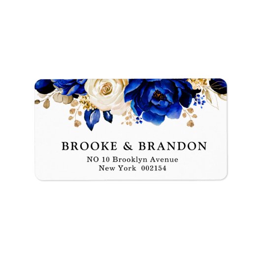 Royal Blue Yellow Gold Metallic Floral Wedding Etiket (Voorkant)