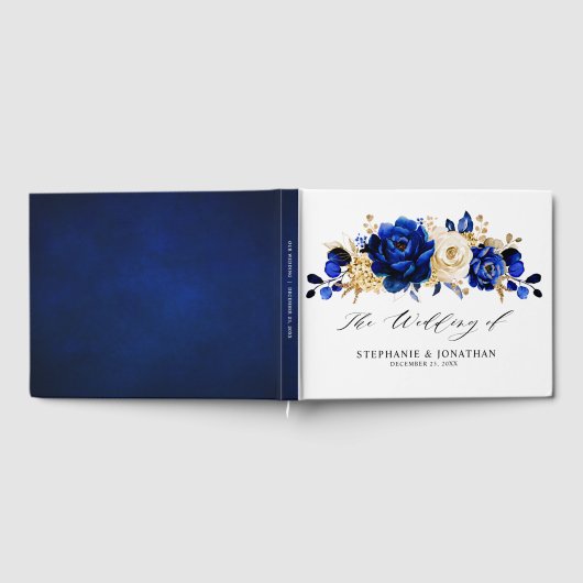 Royal Blue Yellow Gold Metallic Floral Wedding Gastenboek (Volledig)