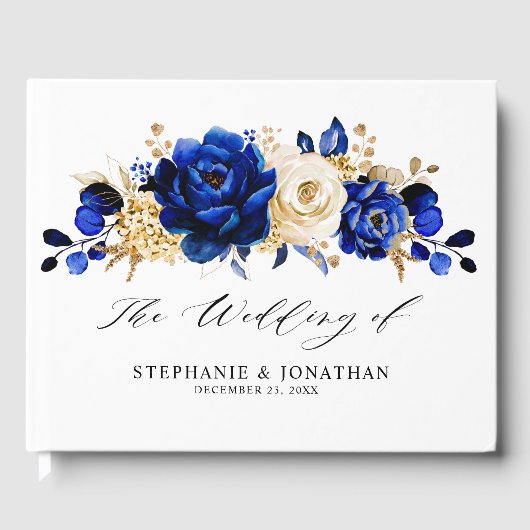 Royal Blue Yellow Gold Metallic Floral Wedding Gastenboek (Voorkant)