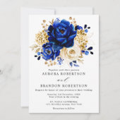 Royal Blue Yellow Gold Metallic Floral Wedding Kaart (Voorkant)