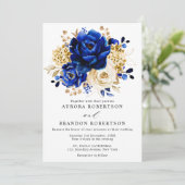 Royal Blue Yellow Gold Metallic Floral Wedding Kaart (Staand voorkant)
