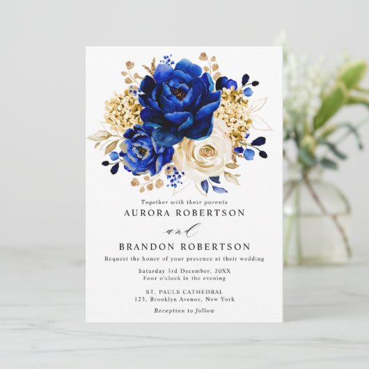 Royal Blue Yellow Gold Metallic Floral Wedding Kaart (Staand voorkant)