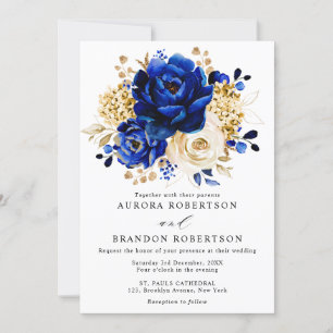 Royal Blue Yellow Gold Metallic Floral Wedding Kaart