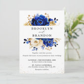 Royal Blue Yellow Gold Metallic Floral Wedding Kaart (Staand voorkant)