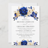Royal Blue Yellow Gold Metallic Floral Wedding Kaart (Voorkant)