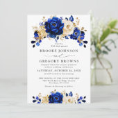 Royal Blue Yellow Gold Metallic Floral Wedding Kaart (Staand voorkant)