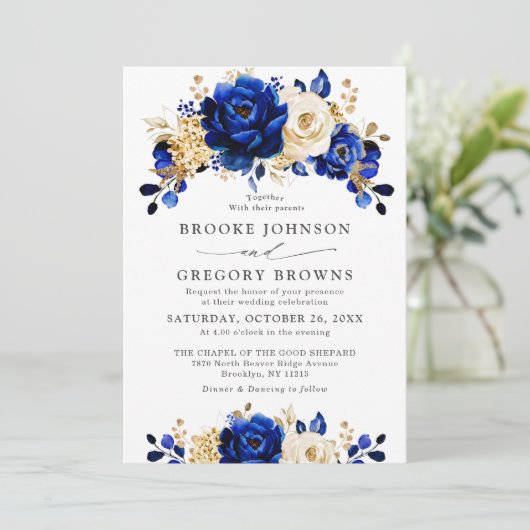 Royal Blue Yellow Gold Metallic Floral Wedding Kaart (Staand voorkant)