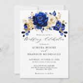Royal Blue Yellow Gold Metallic Floral Wedding Kaart (Voorkant)