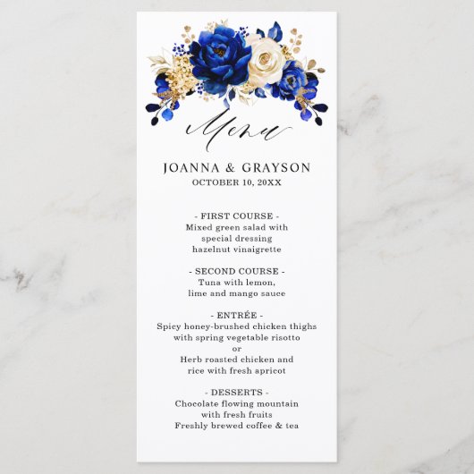 Royal Blue Yellow Gold Metallic Floral Wedding Menu (Voorkant)