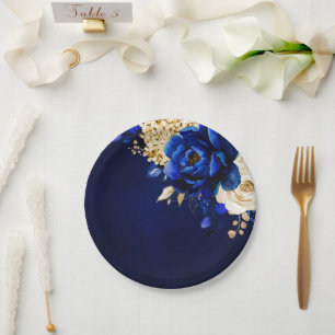 Royal Blue Yellow Gold Metallic Floral Wedding Pap Papieren Bordje