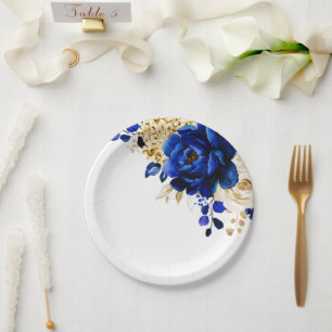 Royal Blue Yellow Gold Metallic Floral Wedding Papieren Bordje