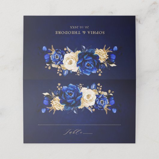 Royal Blue Yellow Gold Metallic Floral Wedding Pla Plaatskaartje (Buitenkant ongevouwen)