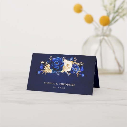 Royal Blue Yellow Gold Metallic Floral Wedding Pla Plaatskaartje (Achterkant)