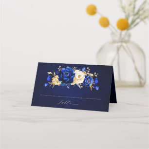 Royal Blue Yellow Gold Metallic Floral Wedding Pla Plaatskaartje