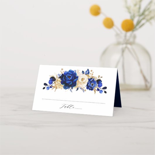 Royal Blue Yellow Gold Metallic Floral Wedding Plaatskaartje (Voorkant)