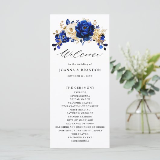 Royal Blue Yellow Gold Metallic Floral Wedding Programmakaart (Staand voorkant)