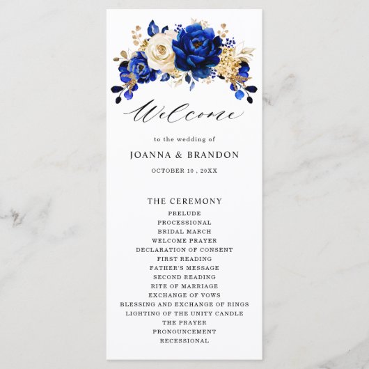 Royal Blue Yellow Gold Metallic Floral Wedding Programmakaart (Voorkant)