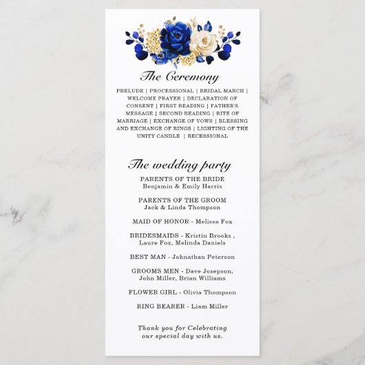 Royal Blue Yellow Gold Metallic Floral Wedding Programmakaart (Achterkant)