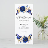 Royal Blue Yellow Gold Metallic Floral Wedding Programmakaart (Staand voorkant)
