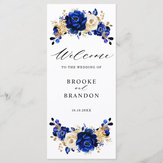 Royal Blue Yellow Gold Metallic Floral Wedding Programmakaart (Voorkant)