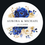 Royal Blue Yellow Gold Metallic Floral Wedding Ronde Sticker<br><div class="desc">Elegant royal blue-thema bruiloft sticker met elegante bouquet of royal blue,  Navy,  gold yellow roos bloemen knoppen en eucalyptusbladeren. Neem contact met mij op voor hulp bij aanpassingen of als u een ander product nodig hebt met dit ontwerp.</div>