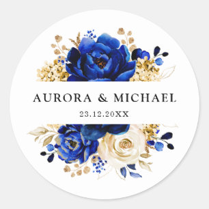 Royal Blue Yellow Gold Metallic Floral Wedding Ronde Sticker