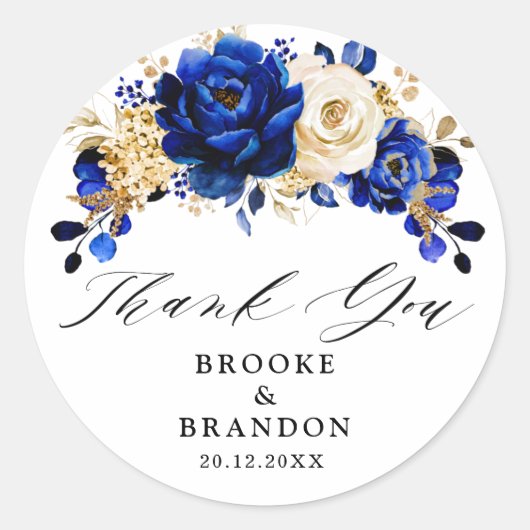 Royal Blue Yellow Gold Metallic Floral Wedding Ronde Sticker (Voorkant)