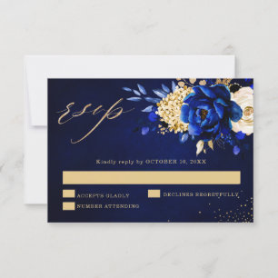 Royal Blue Yellow Gold Metallic Floral Wedding RSV RSVP Kaartje