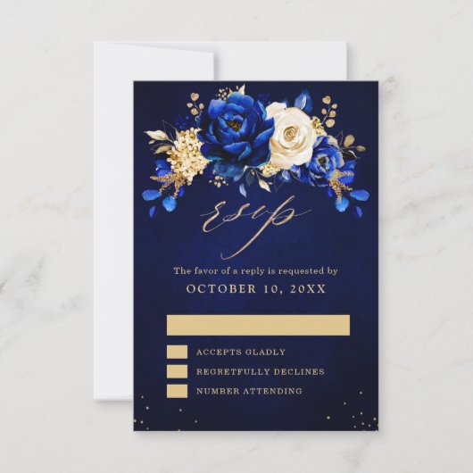 Royal Blue Yellow Gold Metallic Floral Wedding RSV RSVP Kaartje (Voorkant)