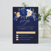 Royal Blue Yellow Gold Metallic Floral Wedding RSV RSVP Kaartje (Staand voorkant)