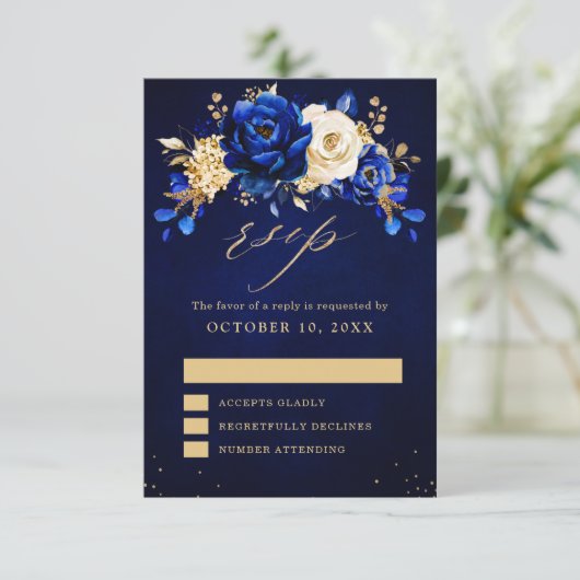 Royal Blue Yellow Gold Metallic Floral Wedding RSV RSVP Kaartje (Staand voorkant)