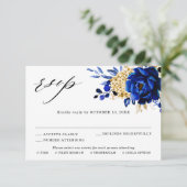 Royal Blue Yellow Gold Metallic Floral Wedding RSVP Kaartje (Staand voorkant)