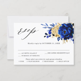 Royal Blue Yellow Gold Metallic Floral Wedding RSVP Kaartje
