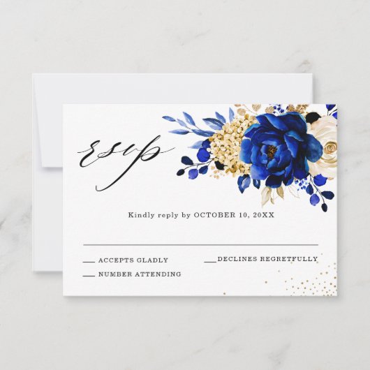 Royal Blue Yellow Gold Metallic Floral Wedding RSVP Kaartje (Voorkant)