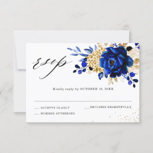 Royal Blue Yellow Gold Metallic Floral Wedding RSVP Kaartje