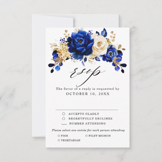 Royal Blue Yellow Gold Metallic Floral Wedding RSVP Kaartje (Voorkant)