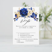 Royal Blue Yellow Gold Metallic Floral Wedding RSVP Kaartje (Staand voorkant)