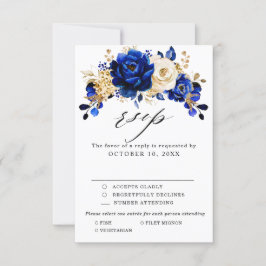 Royal Blue Yellow Gold Metallic Floral Wedding RSVP Kaartje