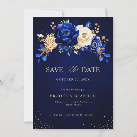 Royal Blue Yellow Gold Metallic Floral Wedding Sav Save The Date (Voorkant)