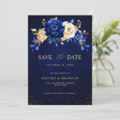 Royal Blue Yellow Gold Metallic Floral Wedding Sav Save The Date (Staand voorkant)