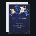 Royal Blue Yellow Gold Metallic Floral Wedding Sav Save The Date<br><div class="desc">Elegant royal blue gold thema save the date card with elegant bouquet of royal blue,  Navy,  gold,  yellow color roos bloemen buds and eucalyptus leaves. Neem contact met mij op voor hulp bij aanpassingen of als u een ander product nodig hebt met dit ontwerp.</div>