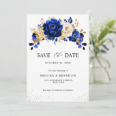 Royal Blue Yellow Gold Metallic Floral Wedding Save The Date (Staand voorkant)