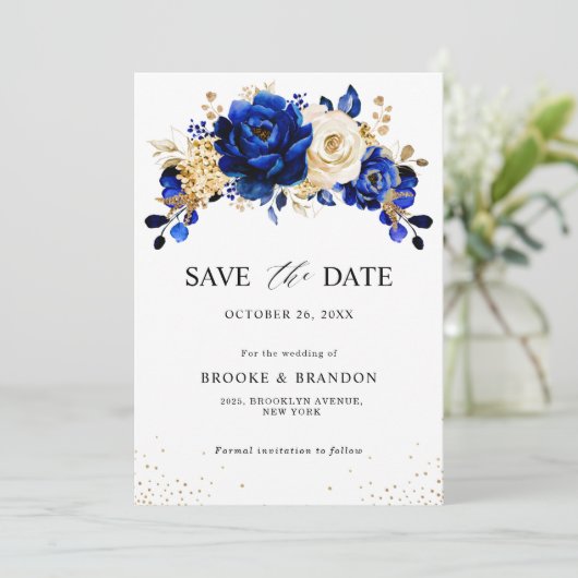 Royal Blue Yellow Gold Metallic Floral Wedding Save The Date (Staand voorkant)