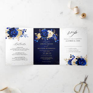 Royal Blue Yellow Gold Metallic Floral Wedding Tri Drieluik Aankondiging