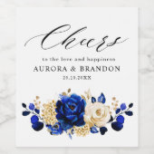 Royal Blue Yellow Gold Metallic Floral Wedding Wijn Etiket (Enkel label)
