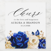 Royal Blue Yellow Gold Metallic Floral Wedding Wijn Etiket (Enkel label)