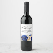 Royal Blue Yellow Gold Metallic Floral Wedding Wijn Etiket (Voorkant)
