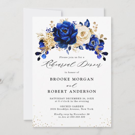 Royal Blue Yellow Gold Metallic Rehearsal Dinner Kaart (Voorkant)