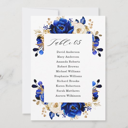 Royal Blue Yellow Gold Metallic Seating Chart Card Kaart (Voorkant)