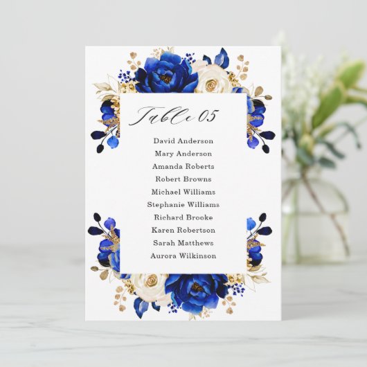 Royal Blue Yellow Gold Metallic Seating Chart Card Kaart (Staand voorkant)